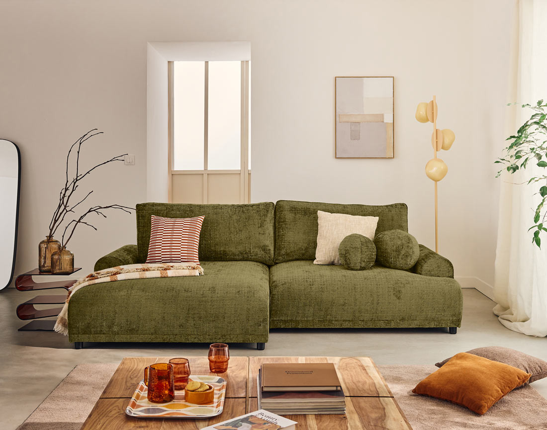 Canapé d'angle gauche 4 places convertible avec coffre en velours texturé Nelly