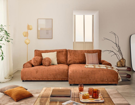 Canapé d'angle droit 4 places convertible avec coffre en velours texturé Nelly