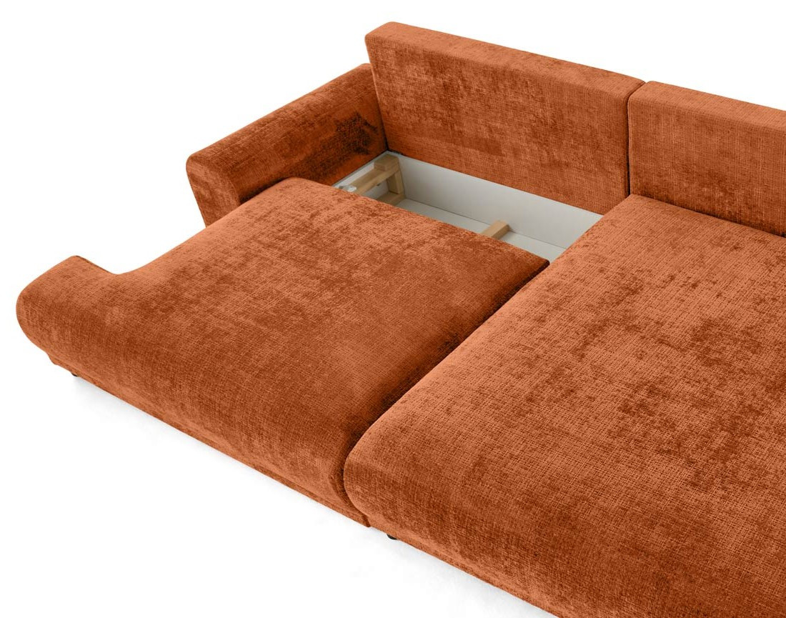 Canapé d'angle droit 4 places convertible avec coffre en velours texturé Nelly