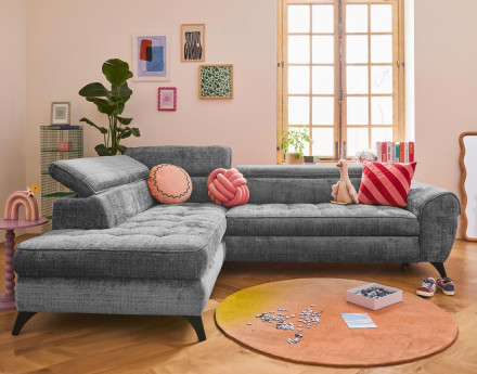 Canapé d'angle gauche convertible avec coffre en velours texturé Marlo