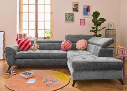 Canapé d'angle droit convertible avec coffre en velours texturé Marlo