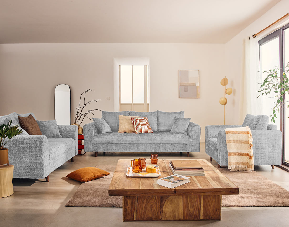 Canapé droit 2 places en velours texturé Rune