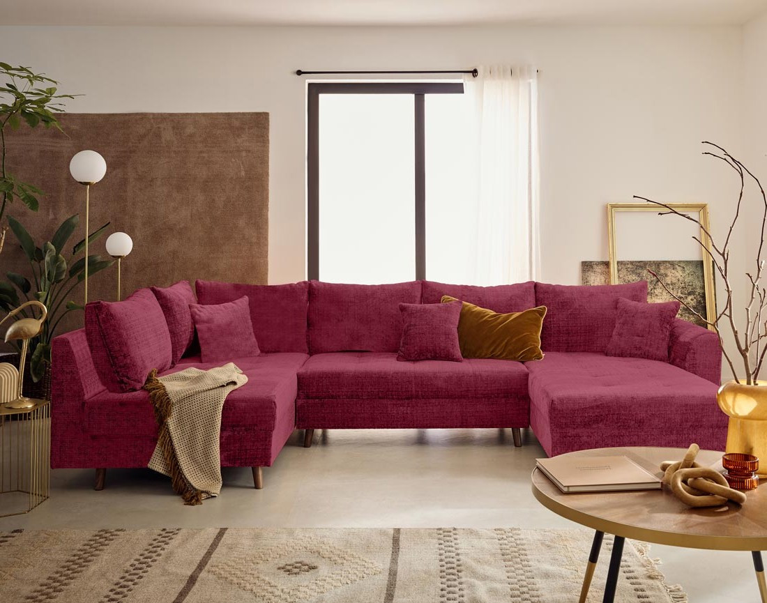 Canapé panoramique d'angle gauche 7 places en velours texturé Rune