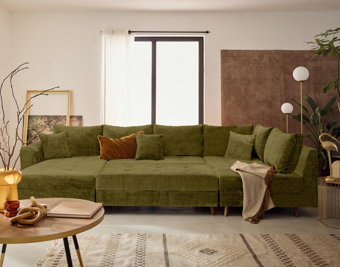 Canapé panoramique d'angle droit 7 places en velours texturé Rune