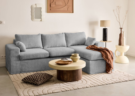 Canapé d'angle déhoussable et modulable 3 places et 1 pouf en velours texturé Calgary