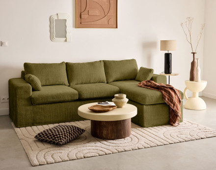 Canapé d'angle déhoussable et modulable 3 places et 1 pouf en velours texturé Calgary