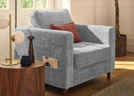Fauteuil avec poche en velours texturé pieds en bois Anna