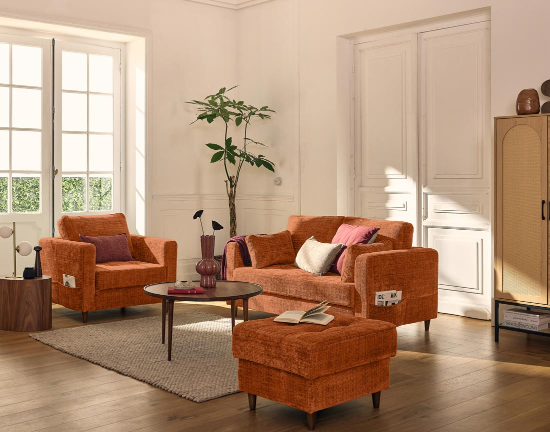 Canapé droit 2 places avec poche en velours texturé Anna