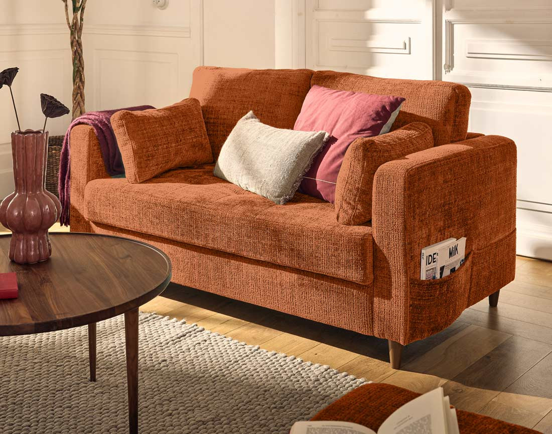 Canapé droit 2 places avec poche en velours texturé Anna