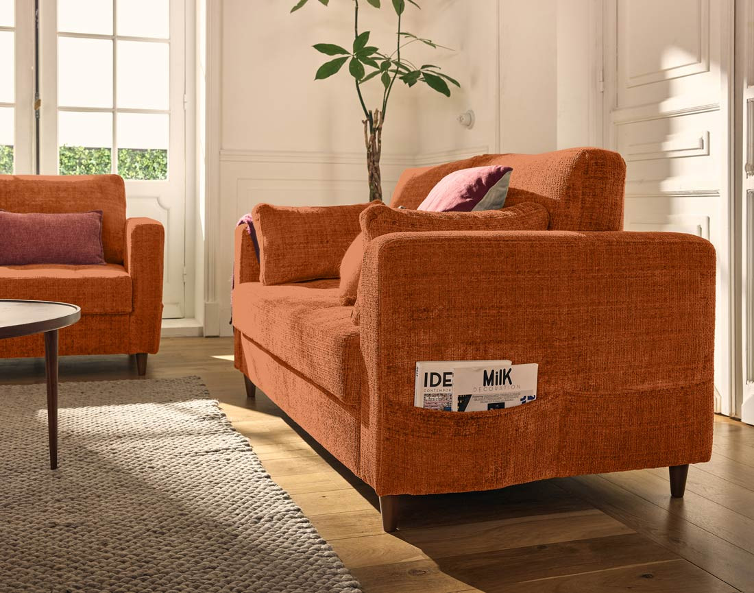 Canapé droit 2 places avec poche en velours texturé Anna