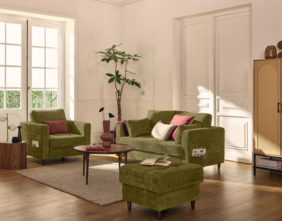 Canapé droit 2 places avec poche en velours texturé Anna