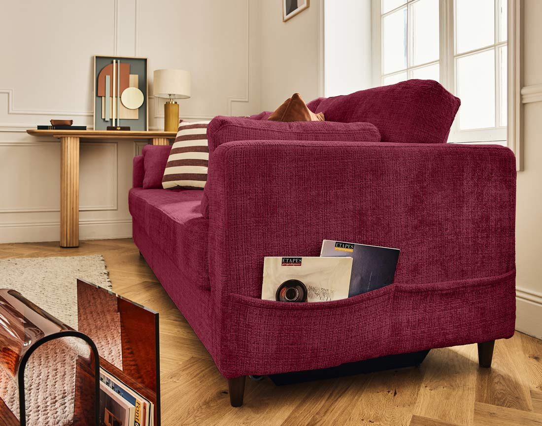 Canapé droit 3 places convertible avec poche en velours texturé Anna