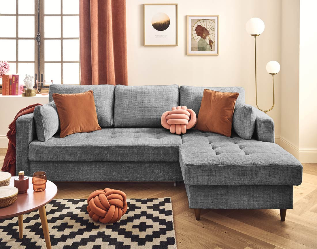 Canapé d'angle droit 4 places convertible avec coffre en velours texturé Anna