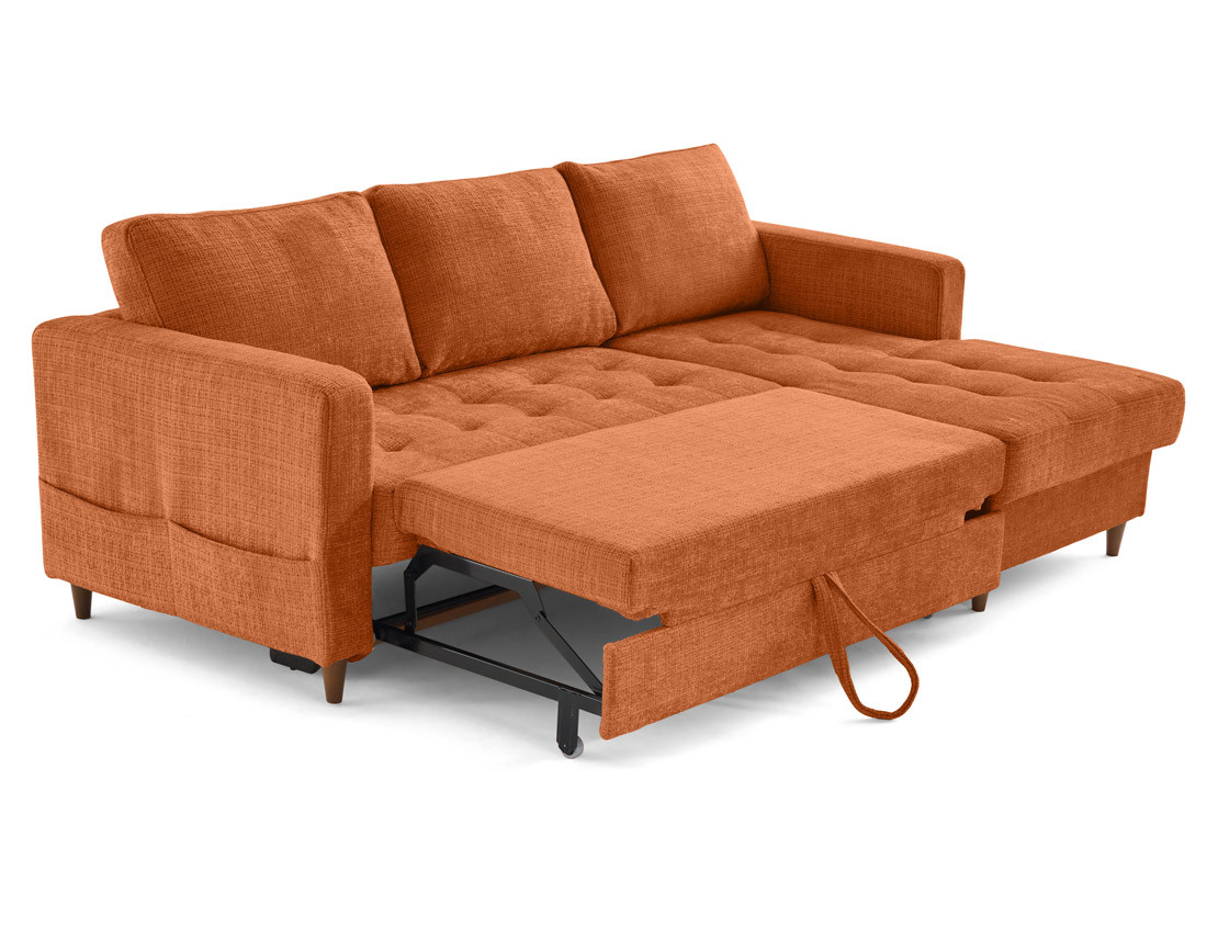 Canapé d'angle droit 4 places convertible avec coffre en velours texturé Anna