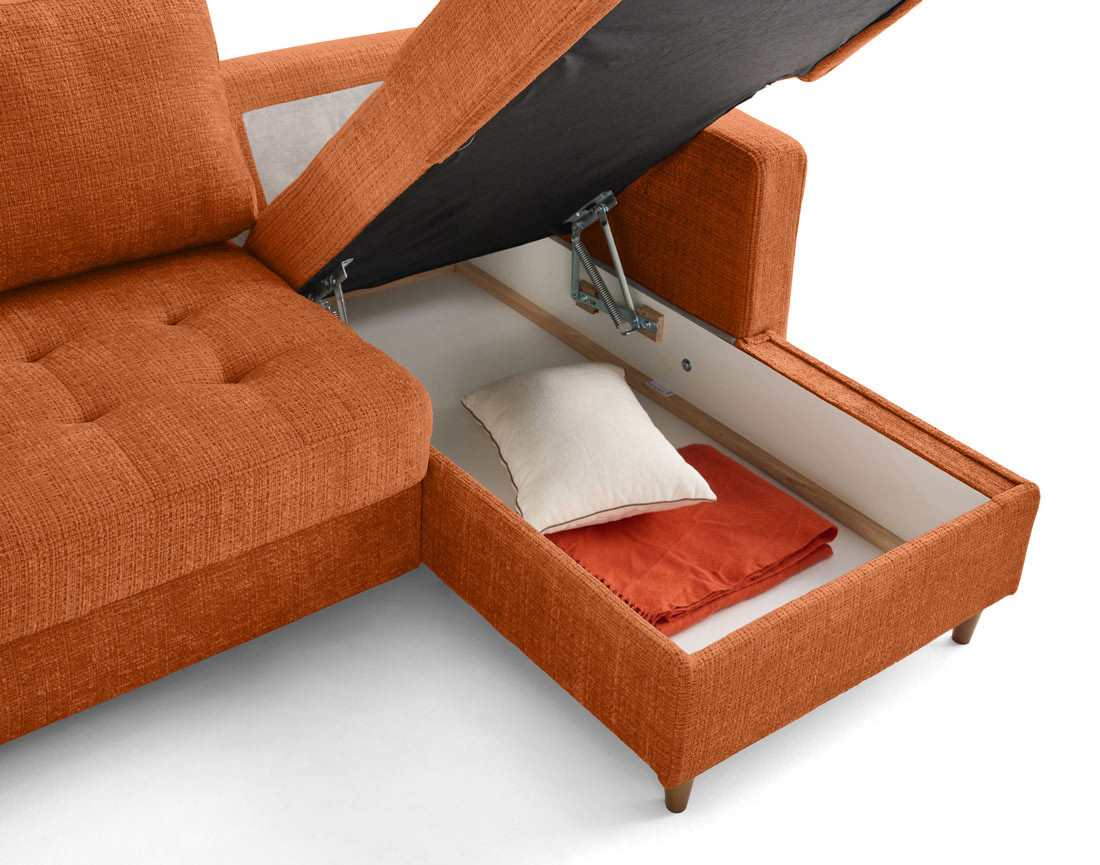 Canapé d'angle droit 4 places convertible avec coffre en velours texturé Anna