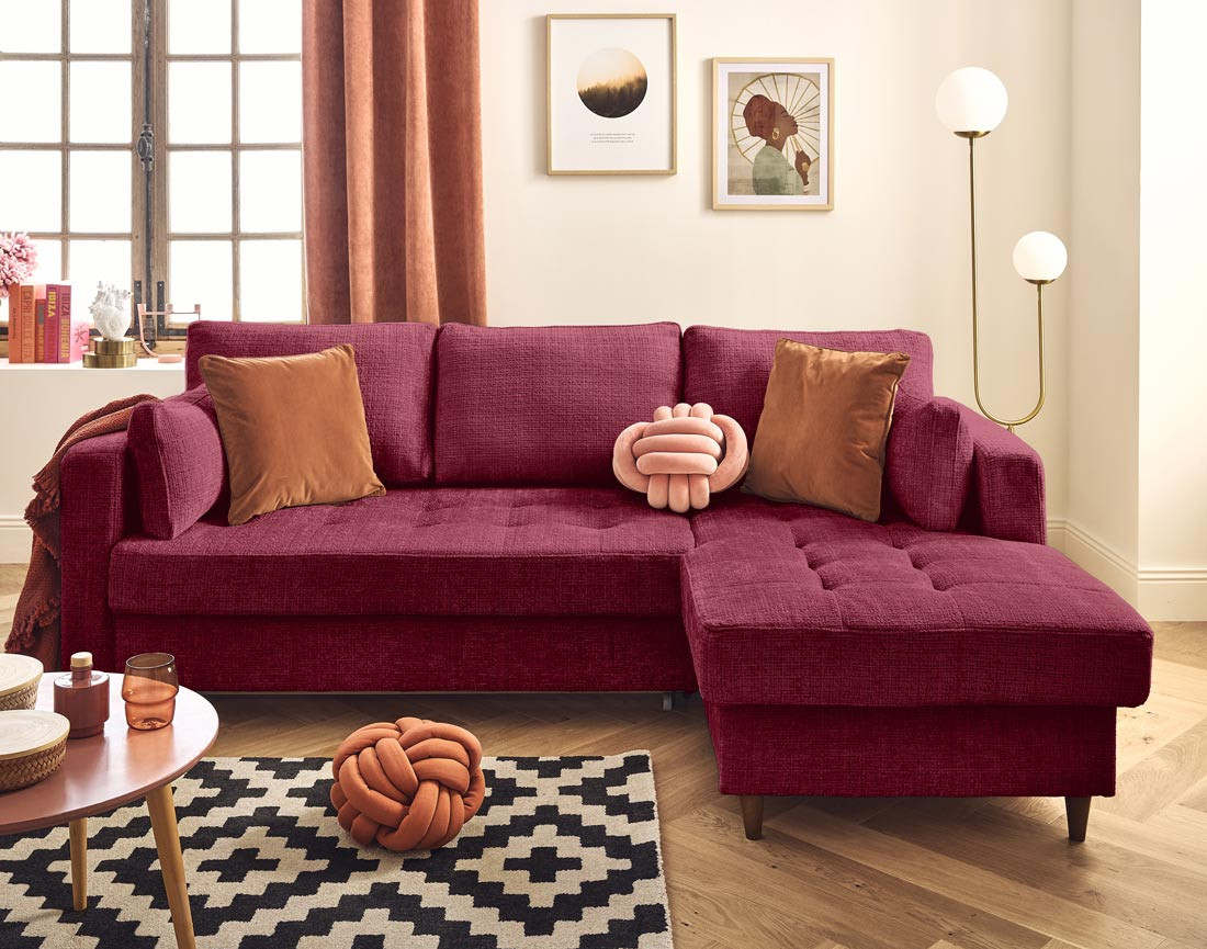 Canapé d'angle droit 4 places convertible avec coffre en velours texturé Anna