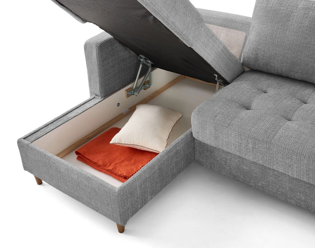 Canapé d'angle gauche 4 places convertible avec coffre en velours texturé Anna Canapé d'angle gauche 4 places convertible avec coffre en velours texturé Anna