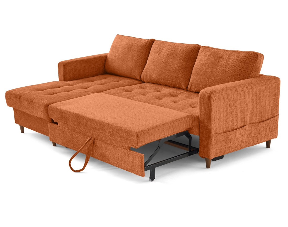 Canapé d'angle gauche 4 places convertible avec coffre en velours texturé Anna
