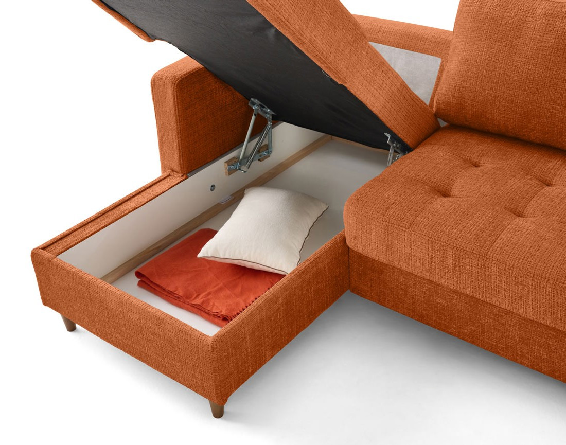 Canapé d'angle gauche 4 places convertible avec coffre en velours texturé Anna