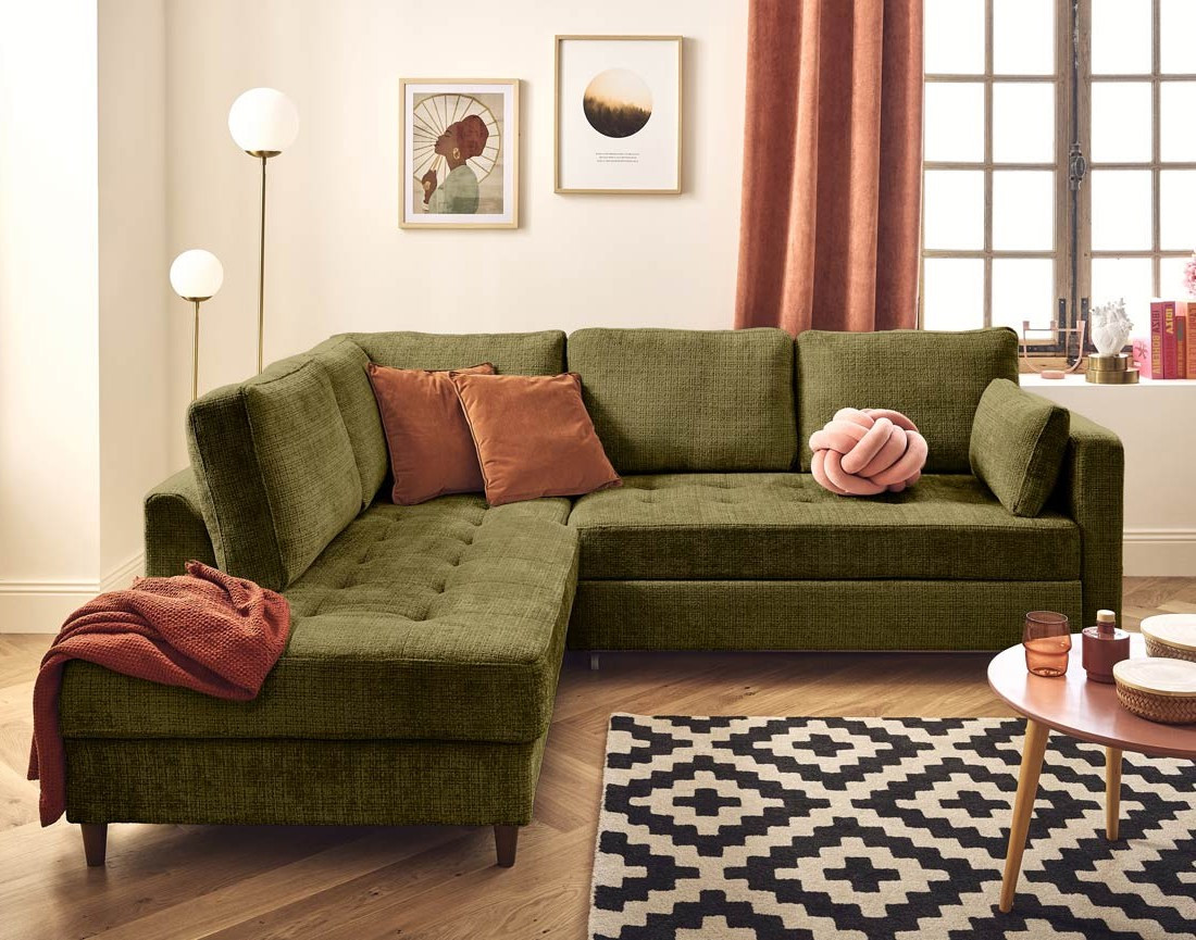 Canapé d'angle gauche 5 places convertible en velours texturé Anna