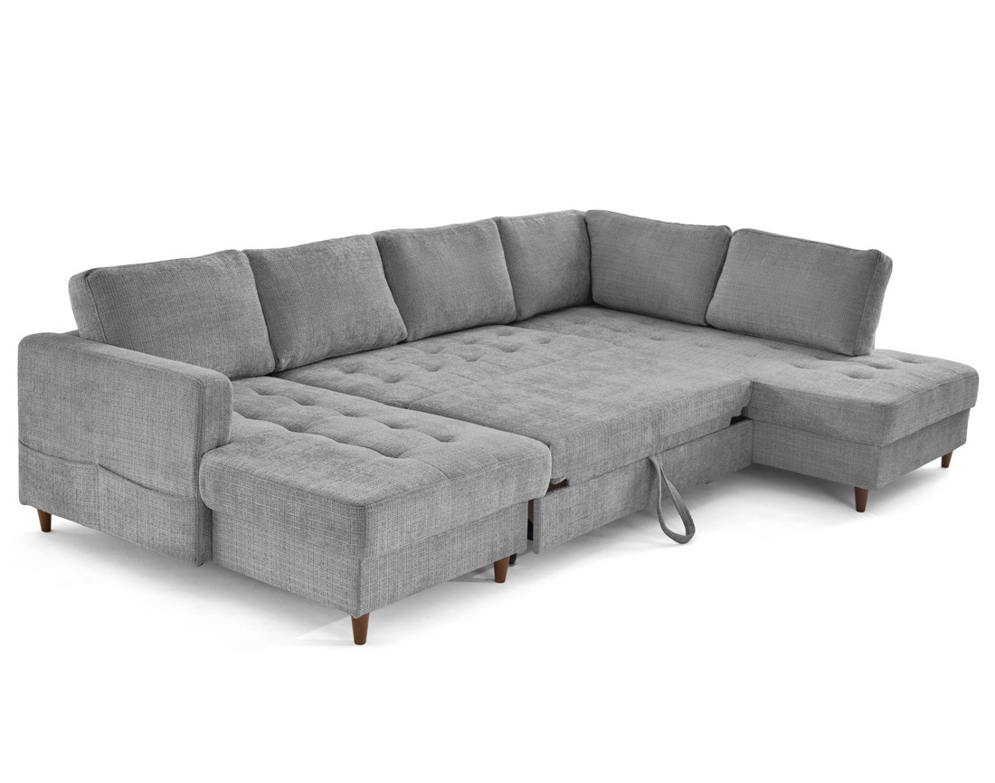 Canapé panoramique d'angle droit 7 places convertible avec coffre en velours texturé Anna