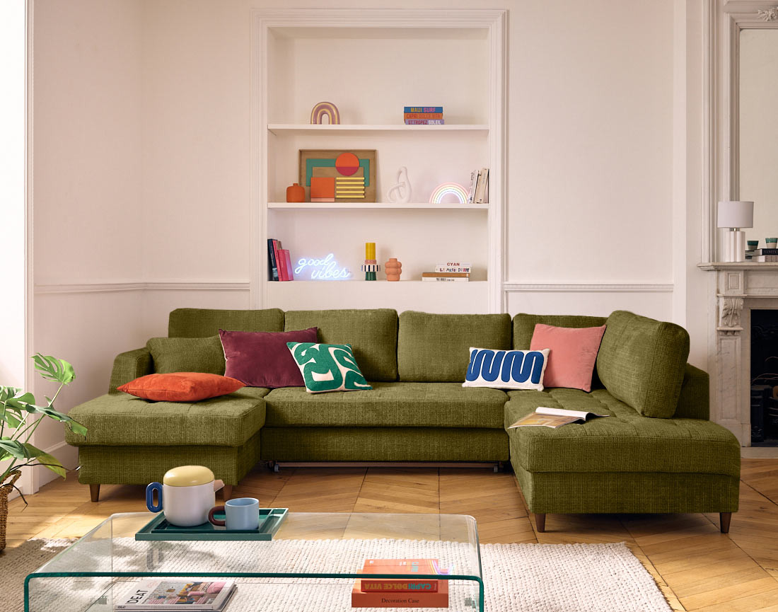 Canapé panoramique d'angle droit 7 places convertible avec coffre en velours texturé Anna