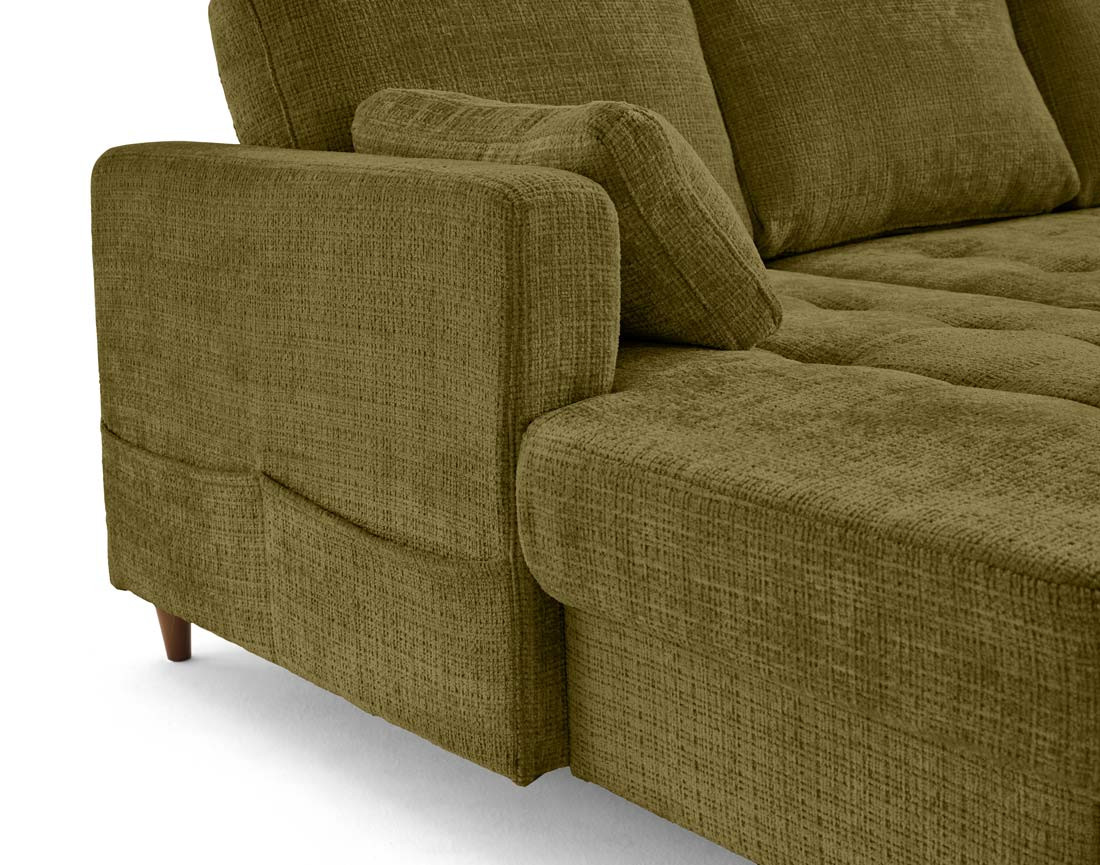 Canapé panoramique d'angle droit 7 places convertible avec coffre en velours texturé Anna