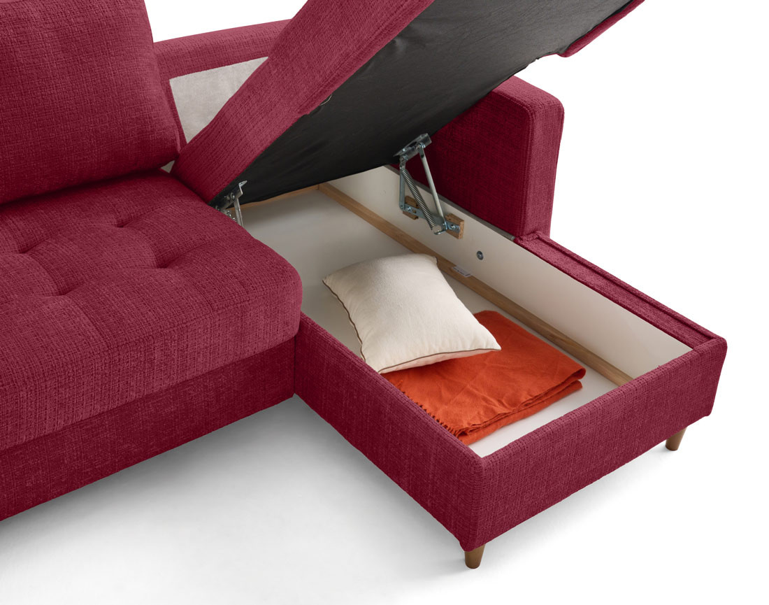 Canapé panoramique d'angle gauche 7 places convertible avec coffre en velours texturé Anna