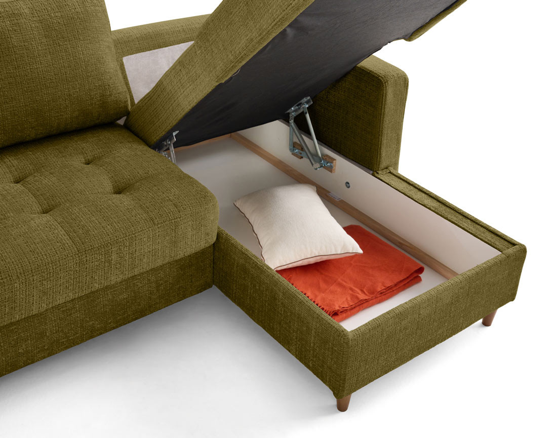 Canapé panoramique d'angle gauche 7 places convertible avec coffre en velours texturé Anna