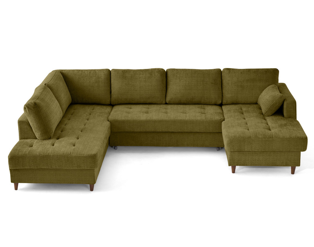 Canapé panoramique d'angle gauche 7 places convertible avec coffre en velours texturé Anna