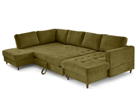 Canapé panoramique d'angle gauche 7 places convertible avec coffre en velours texturé Anna