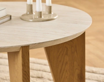 Table basse pieds en chêne plateau effet travertin 80 cm Noeva