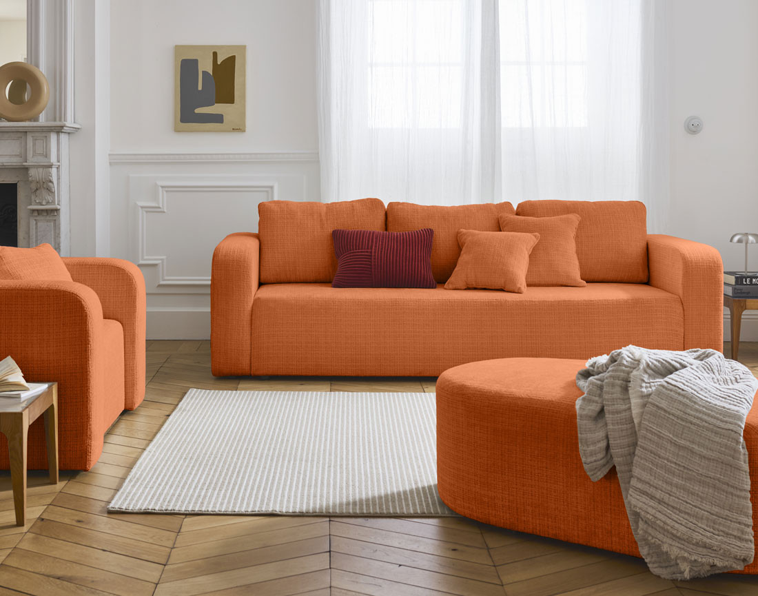 Canapé droit 3 places convertible avec coffre en velours texturé Miro
