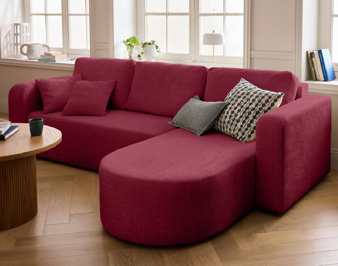 Canapé d'angle réversible 4 places convertible avec coffre en velours texturé Miro