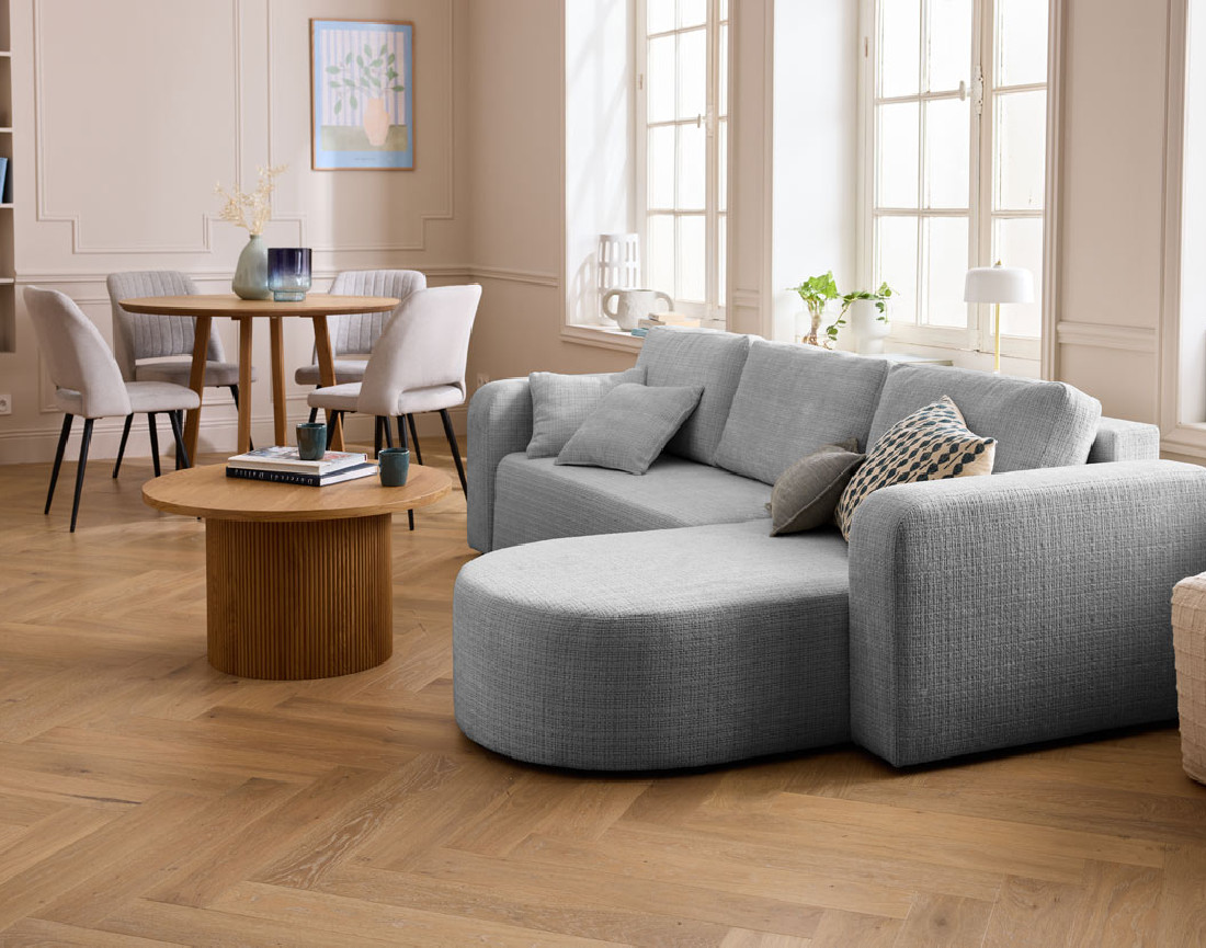 Canapé d'angle réversible 4 places convertible avec coffre en velours texturé Miro