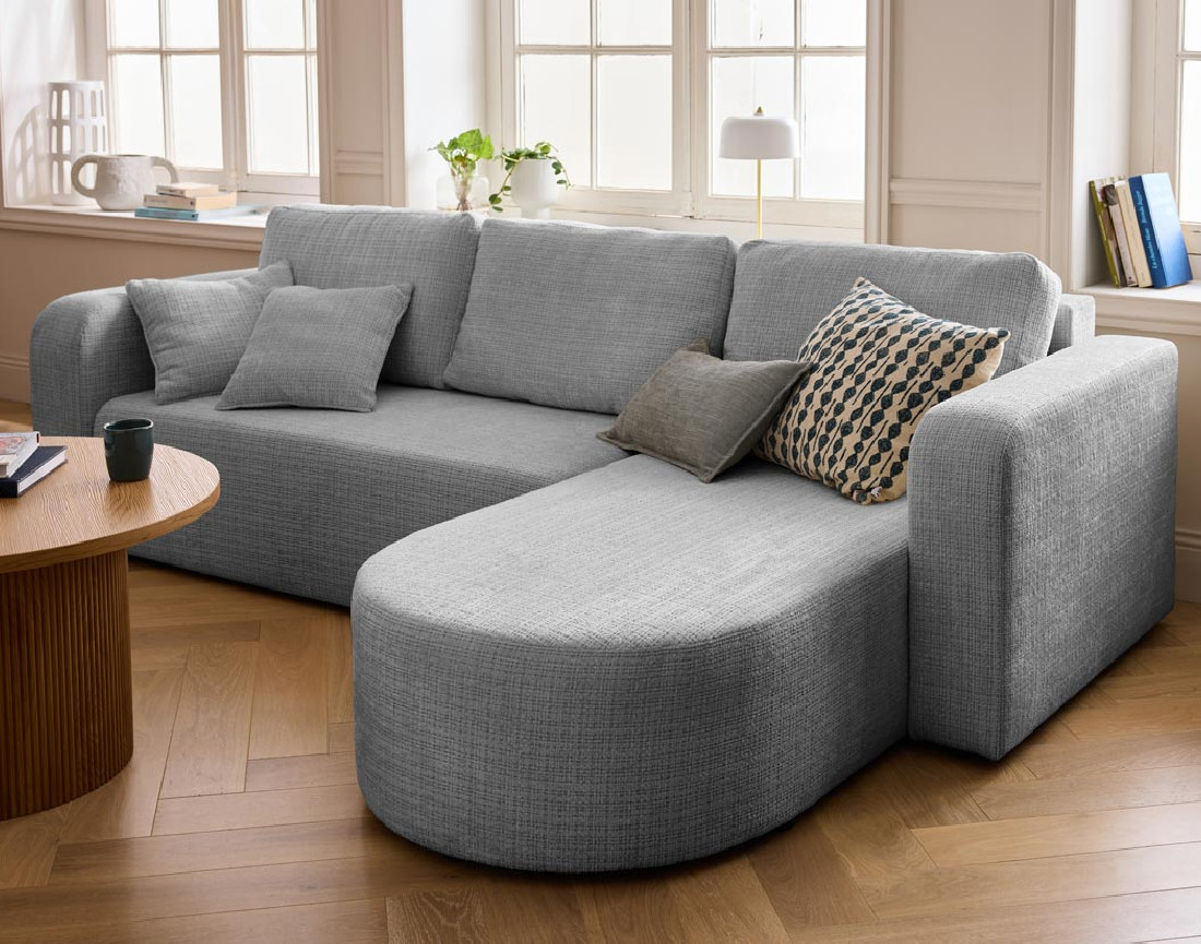 Canapé d'angle réversible 4 places convertible avec coffre en velours texturé Miro