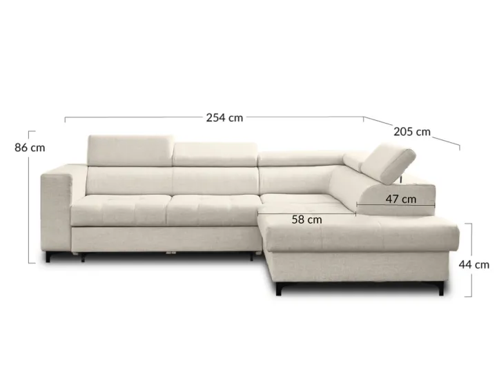 Canapé d'angle gauche 5 places convertible avec coffre et têtières réglables en tissu Olinda Canapé d'angle gauche 5 places convertible avec coffre et têtières réglables en tissu Olinda