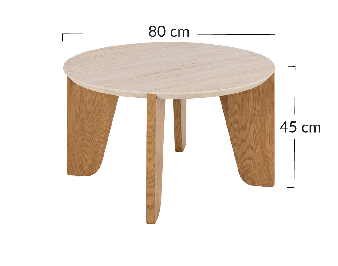 Table basse pieds en chêne plateau effet travertin 80 cm Noeva