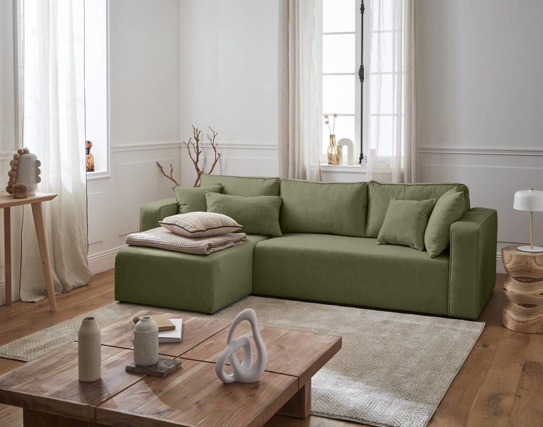 Canapé d'angle réversible 4 places convertible avec coffre en tissu Topaze