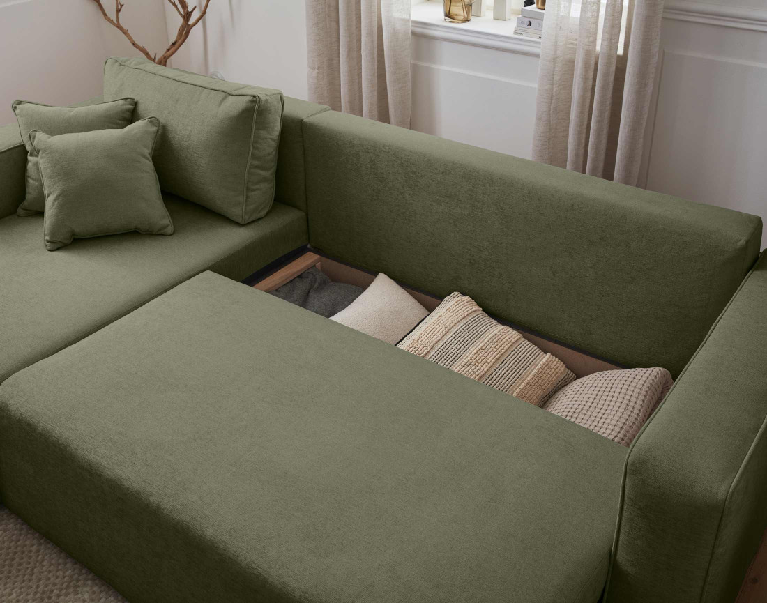 Canapé d'angle réversible 4 places convertible avec coffre en tissu Topaze