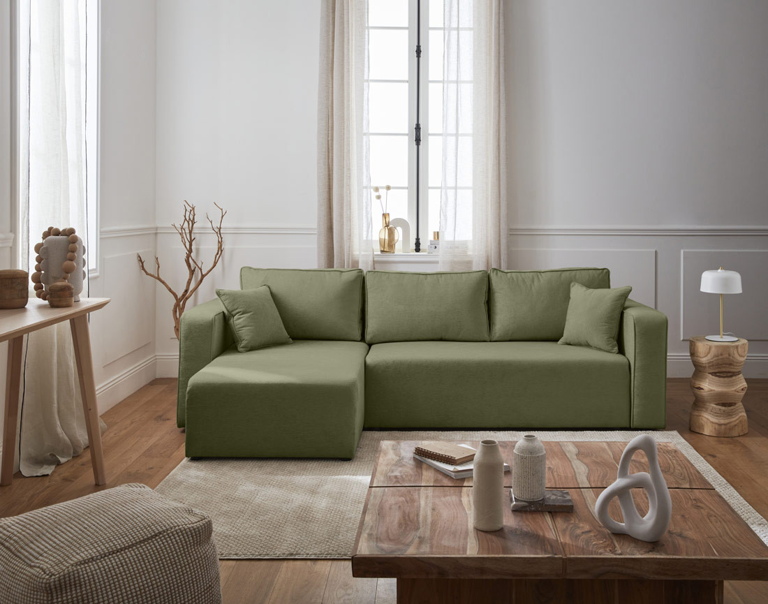 Canapé d'angle réversible 4 places convertible avec coffre en tissu Topaze