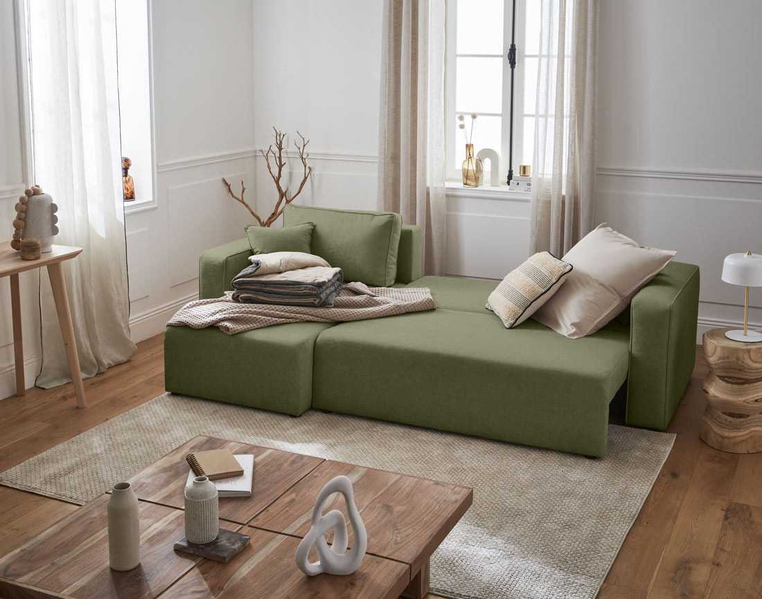 Canapé d'angle réversible 4 places convertible avec coffre en tissu Topaze