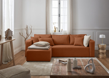 Canapé d'angle réversible 4 places convertible avec coffre en tissu Topaze