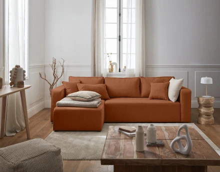 Canapé d'angle réversible 4 places convertible avec coffre en tissu Topaze