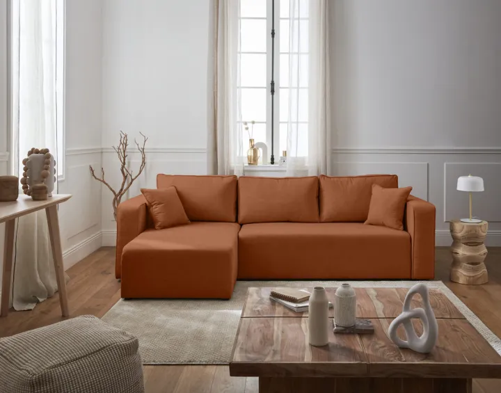 Canapé d'angle réversible 4 places convertible avec coffre en tissu Topaze Canapé d'angle réversible 4 places convertible avec coffre en tissu Topaze