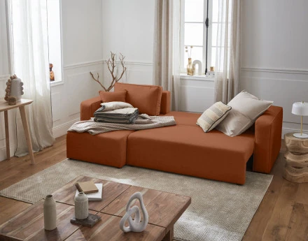 Canapé d'angle réversible 4 places convertible avec coffre en tissu Topaze