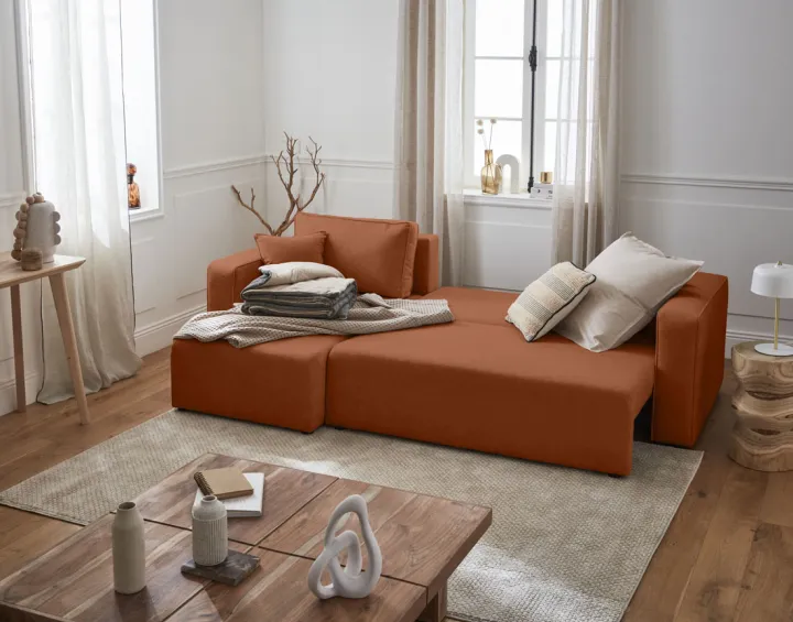 Canapé d'angle réversible 4 places convertible avec coffre en tissu Topaze Canapé d'angle réversible 4 places convertible avec coffre en tissu Topaze