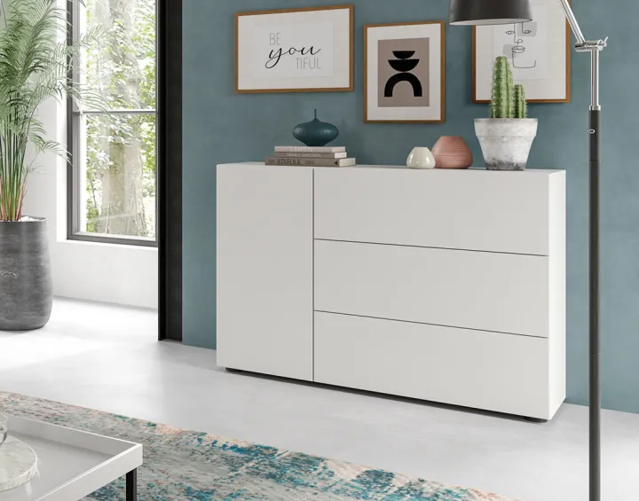 Buffet bas 3 tiroirs et 1 portes blanc 105 cm Ned