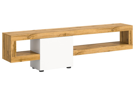 Meuble tv suspendu 1 porte et 1 étagère bois et blanc 190 cm Ned