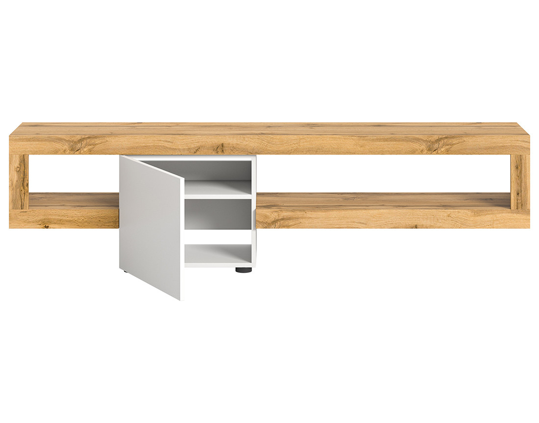 Meuble tv suspendu 1 porte et 1 étagère bois et blanc 190 cm Ned